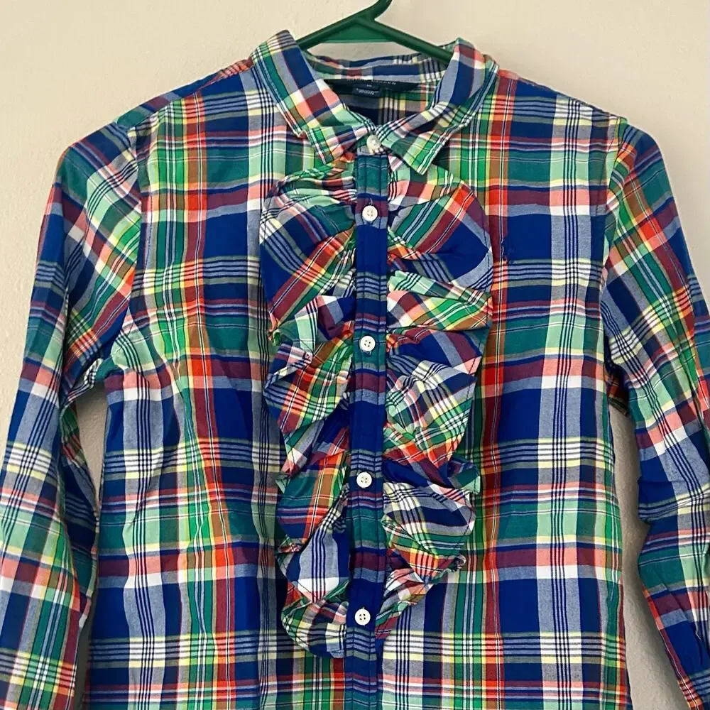 Ralph Lauren Plaid Ruffle Front Button up Shirt girls 16 Preppy Tartan western